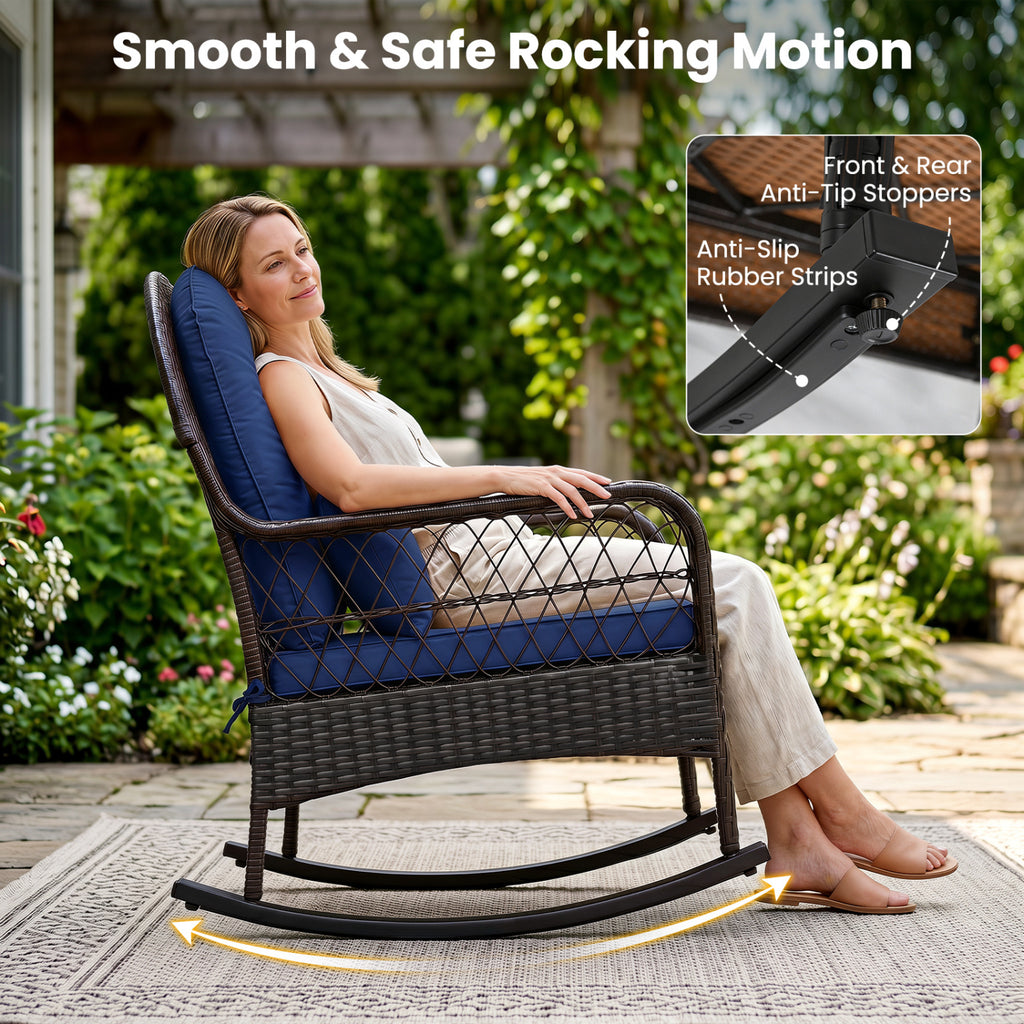 Patio Rattan Rocking Chair with Cushions - Brown, Navy