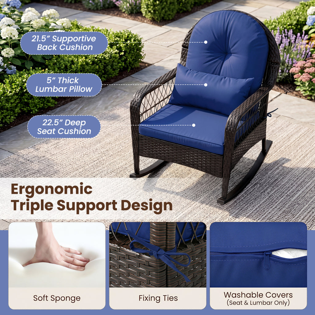 Patio Rattan Rocking Chair with Cushions - Brown, Navy
