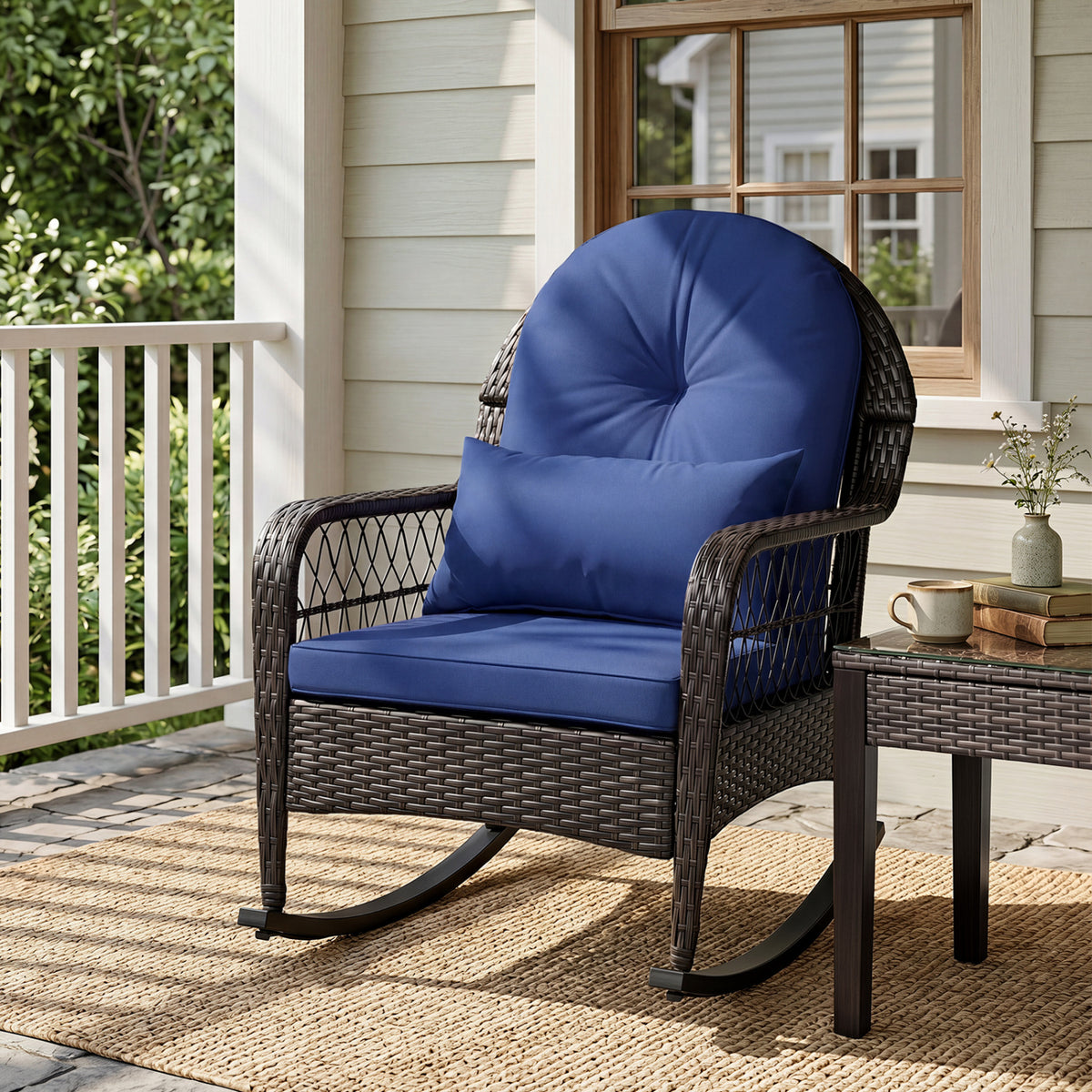 Patio Rattan Rocking Chair with Cushions - Brown, Navy