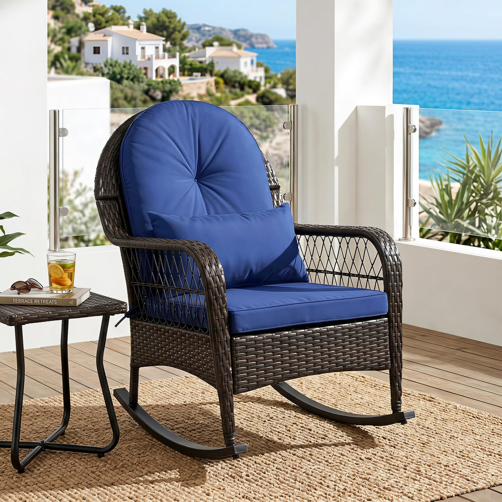 Patio Rattan Rocking Chair with Cushions - Brown, Navy