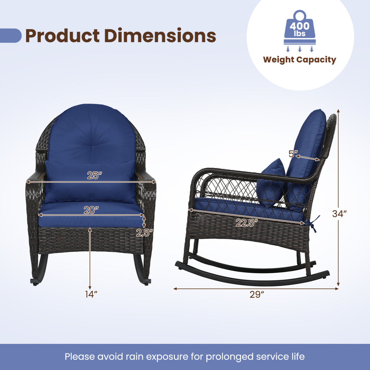 Patio Rattan Rocking Chair with Cushions - Brown, Navy