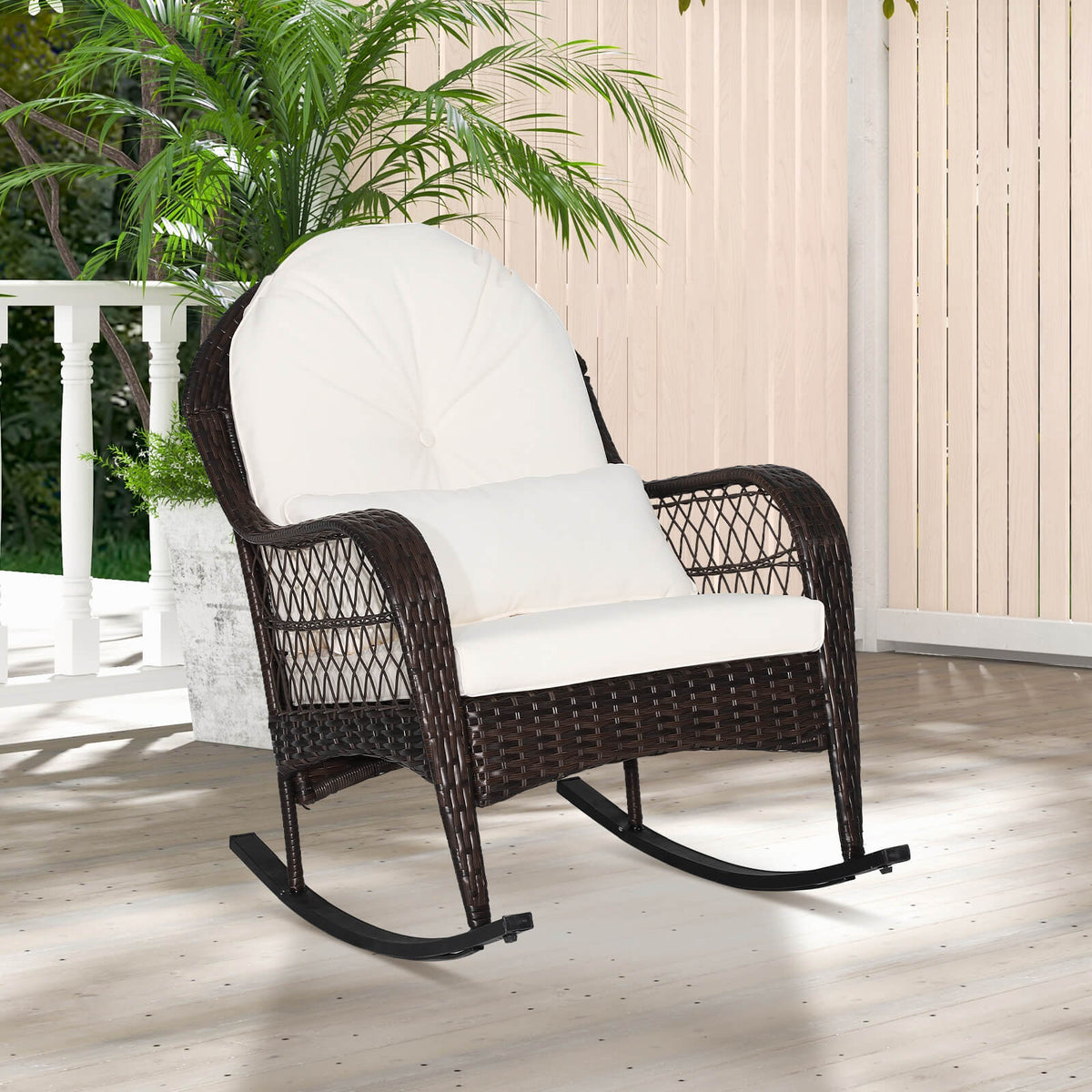 Patio Rattan Rocking Chair with Cushions - Brown, Navy