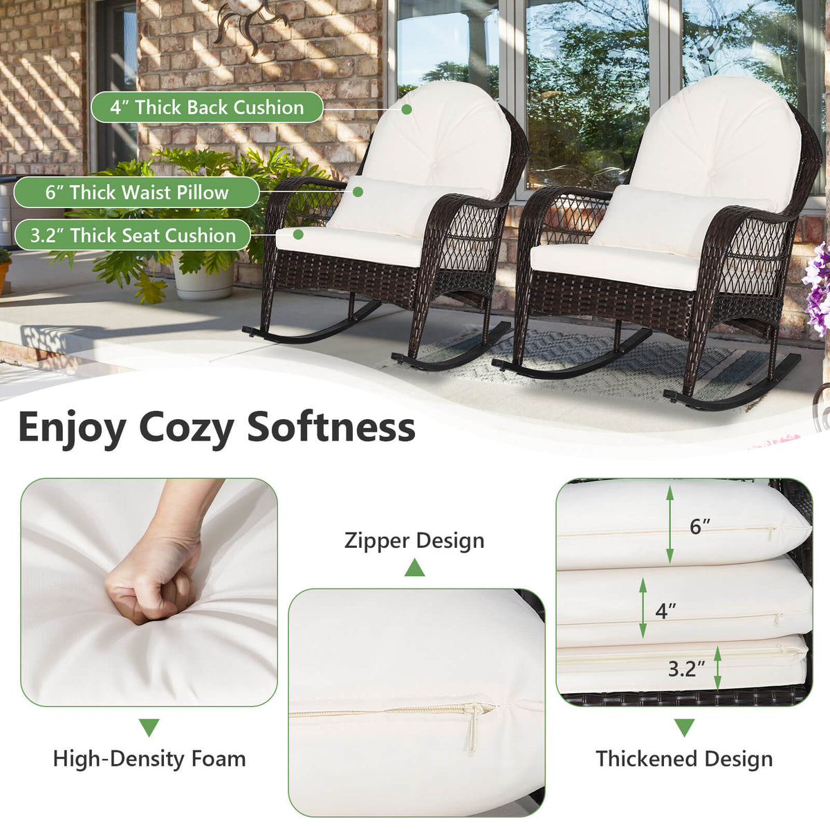 Patio Rattan Rocking Chair with Seat Back Cushions and Waist Pillow