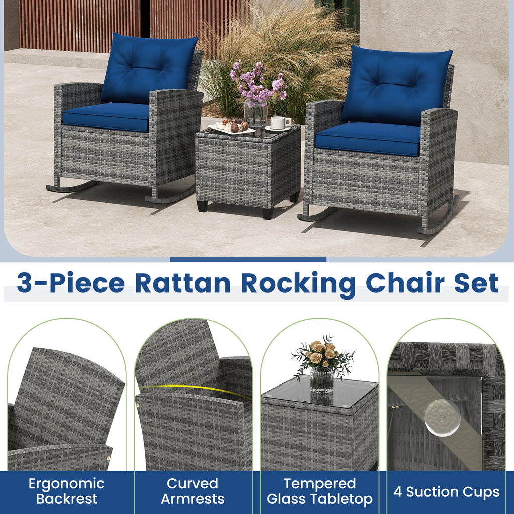 3-Piece Patio Rocking Chair Set with Glass Coffee Table - Dark Blue