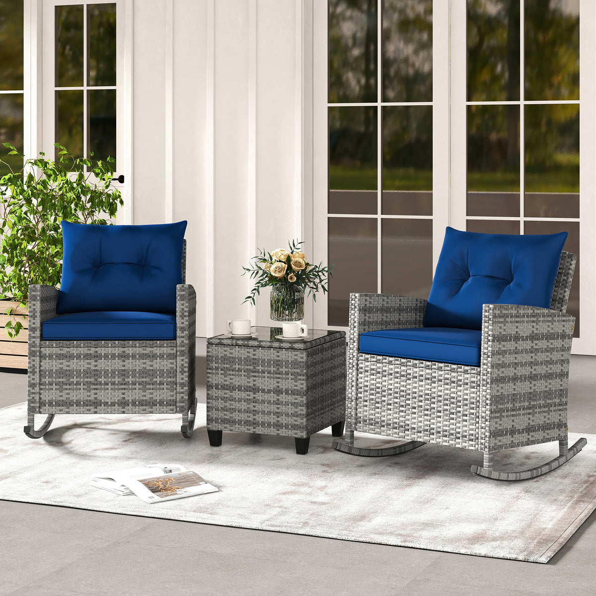 3-Piece Patio Rocking Chair Set with Glass Coffee Table - Dark Blue