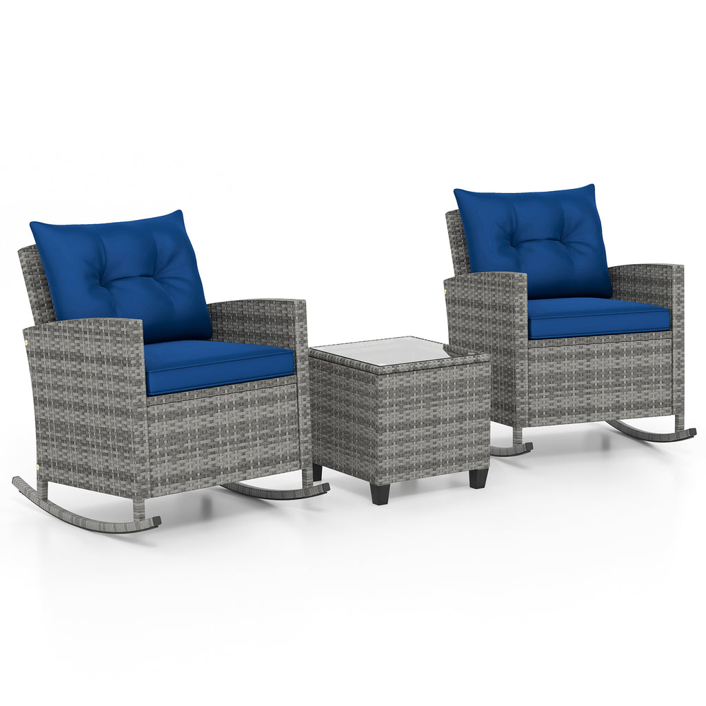 3-Piece Patio Rocking Chair Set with Glass Coffee Table - Dark Blue