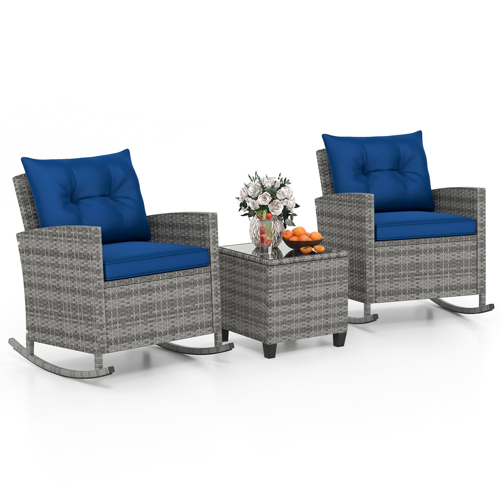 3-Piece Patio Rocking Chair Set with Glass Coffee Table - Dark Blue