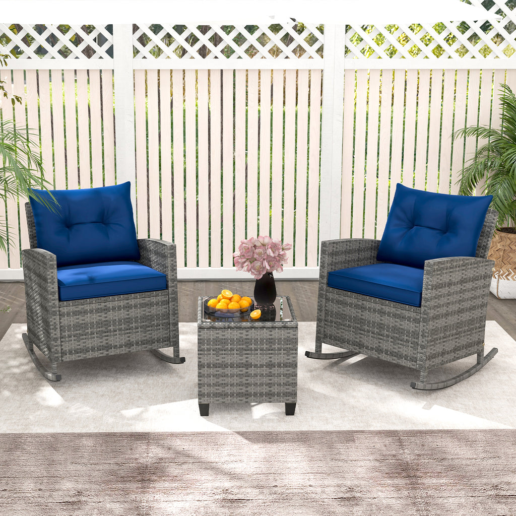 3-Piece Patio Rocking Chair Set with Glass Coffee Table - Dark Blue