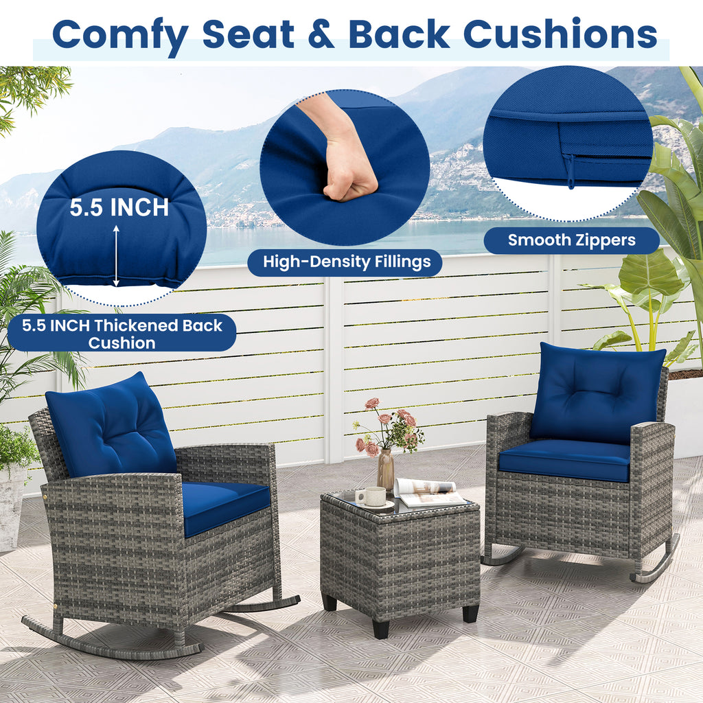 3-Piece Patio Rocking Chair Set with Glass Coffee Table - Dark Blue
