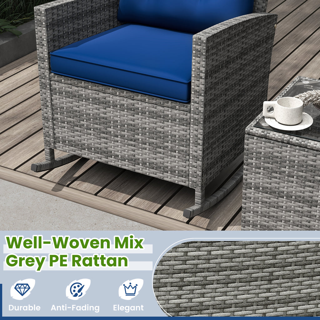 3-Piece Patio Rocking Chair Set with Glass Coffee Table - Dark Blue