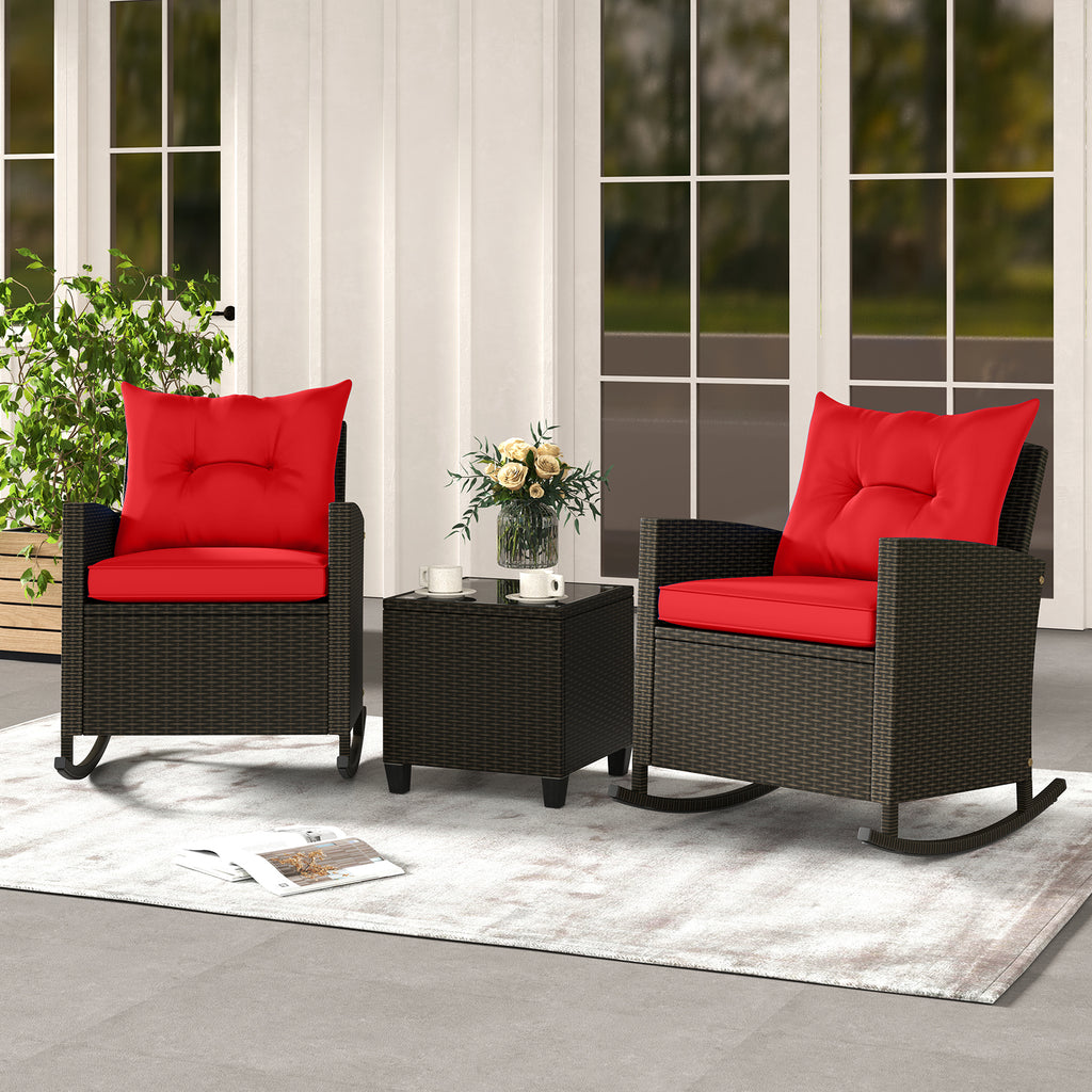 3-Piece Patio Rocking Chair Set with Glass Table & Cushions - Red