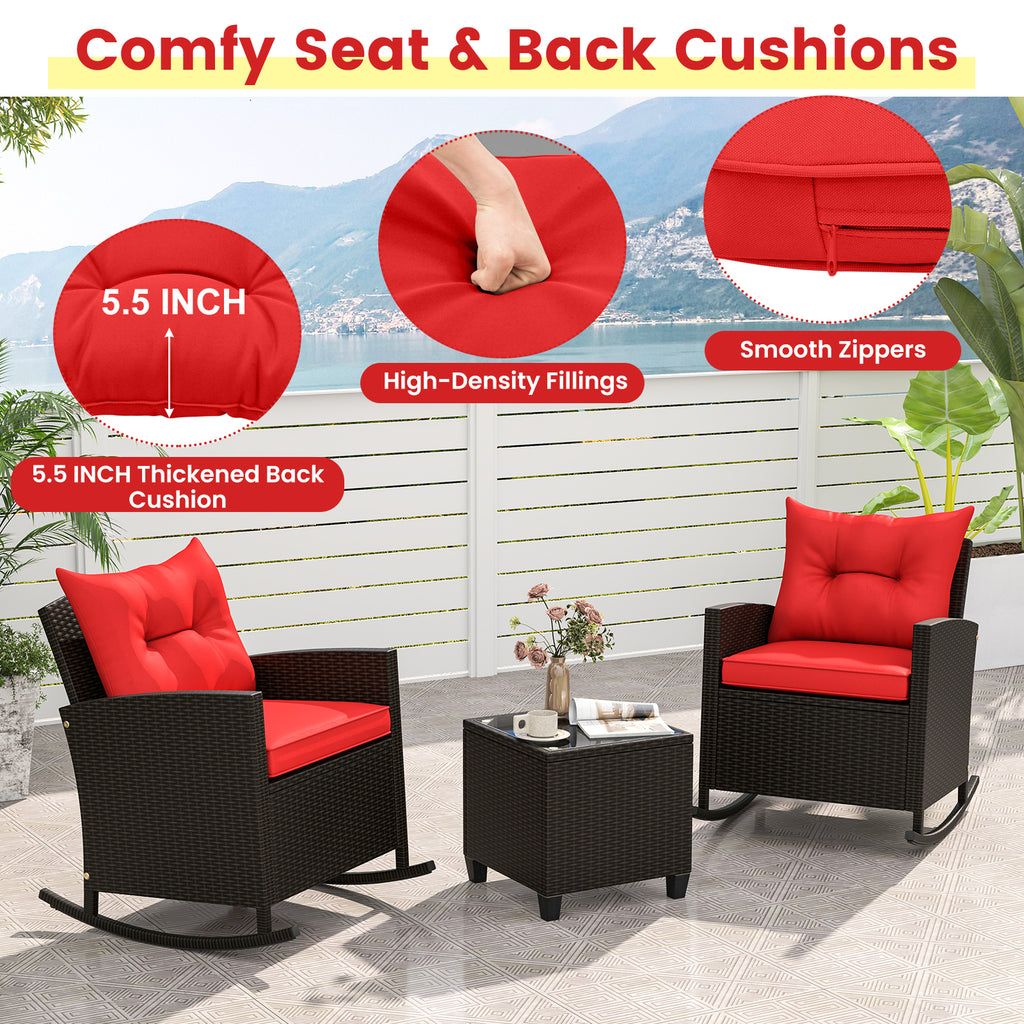 3-Piece Patio Rocking Chair Set with Glass Table & Cushions - Red