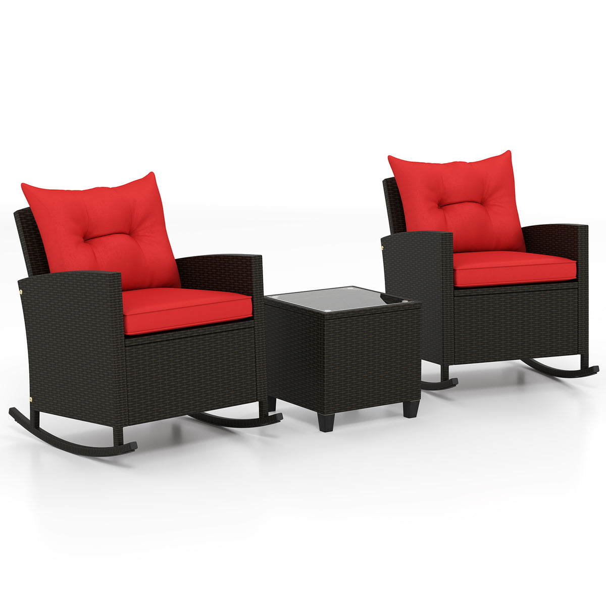 3-Piece Patio Rocking Chair Set with Glass Table & Cushions - Red