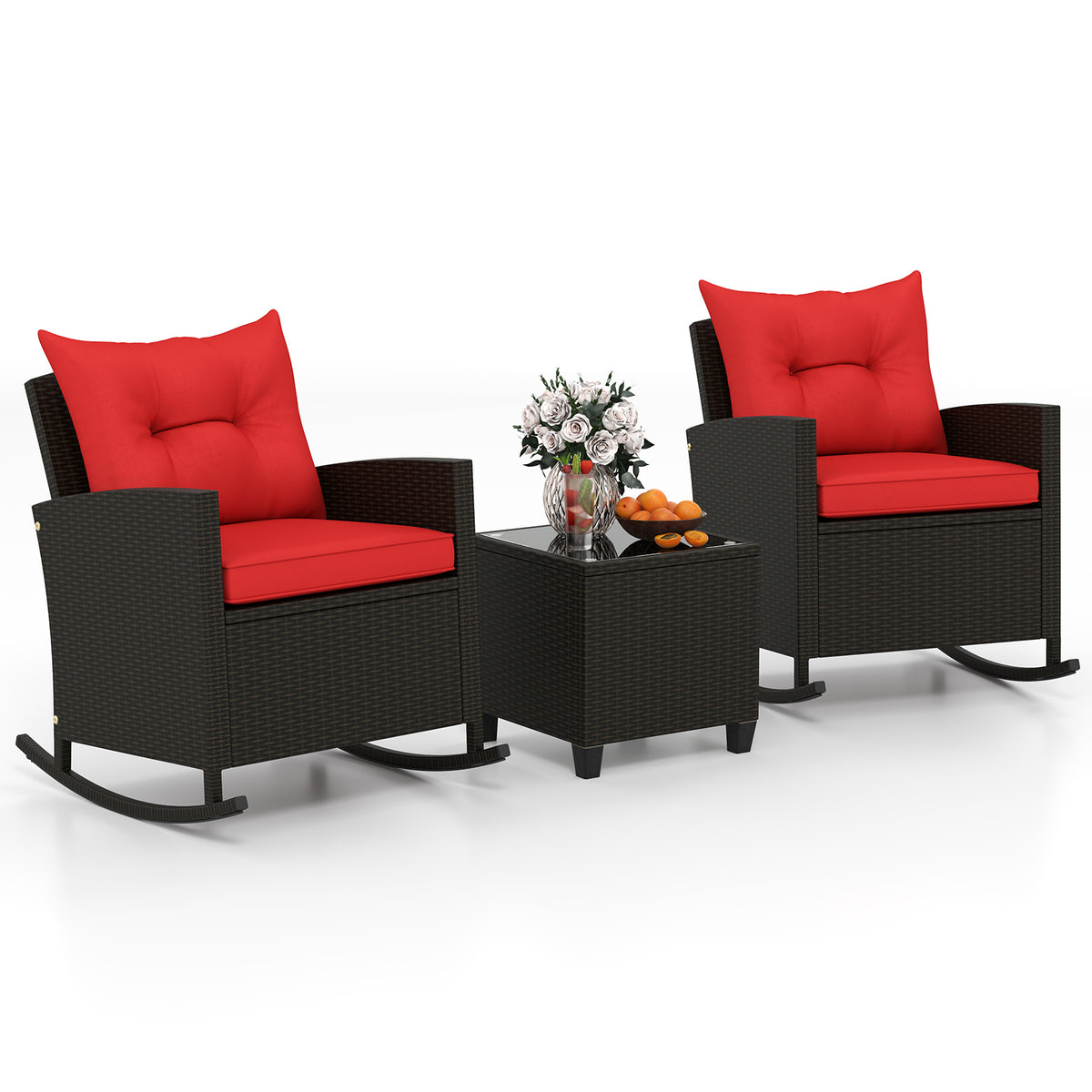 3-Piece Patio Rocking Chair Set with Glass Table & Cushions - Red