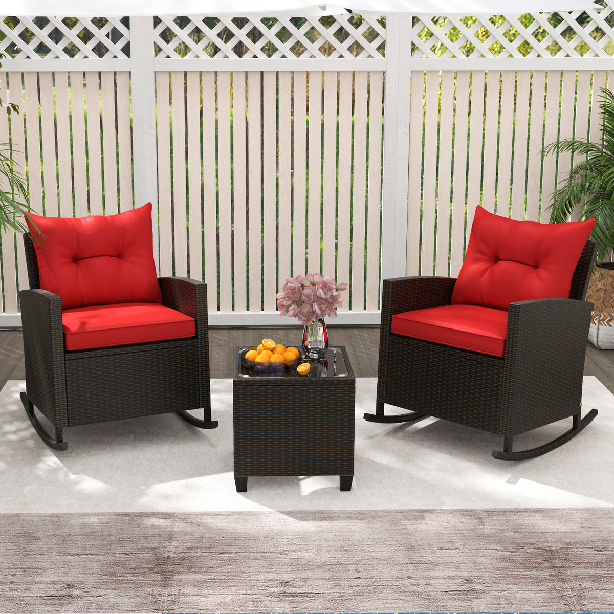 3-Piece Patio Rocking Chair Set with Glass Table & Cushions - Red