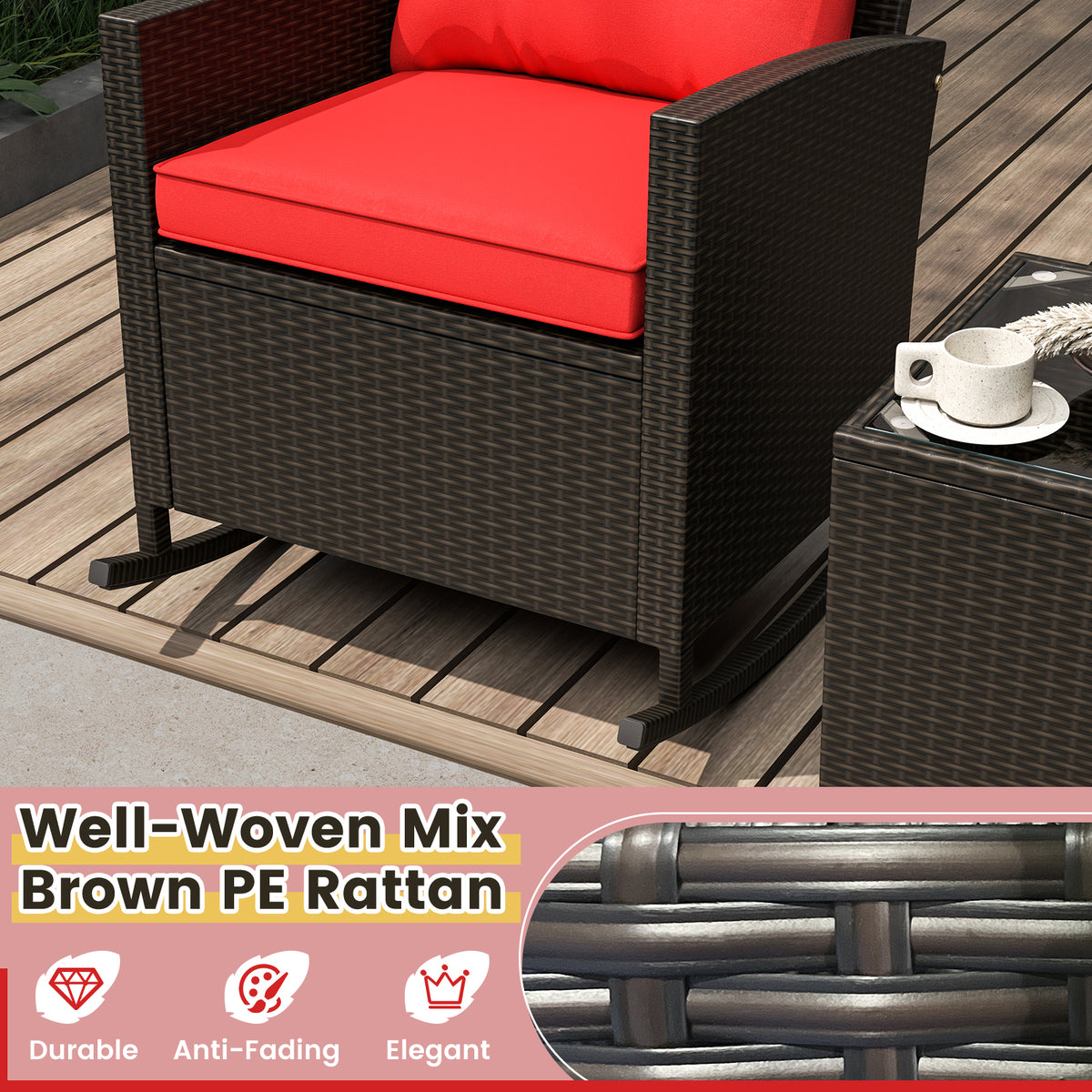 3-Piece Patio Rocking Chair Set with Glass Table & Cushions - Red