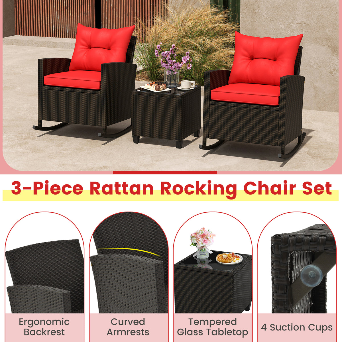 3-Piece Patio Rocking Chair Set with Glass Table & Cushions - Red