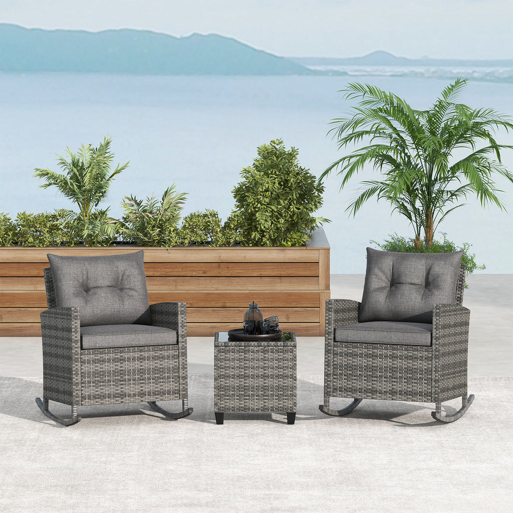 3-Piece Rattan Rocker Chair Set with Tempered Glass Table - Gray