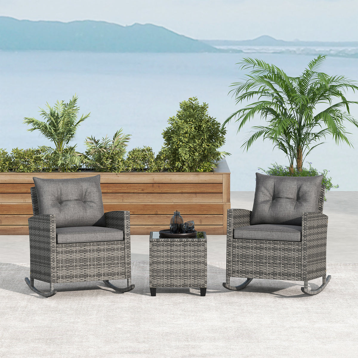 3-Piece Rattan Rocker Chair Set with Tempered Glass Table - Gray