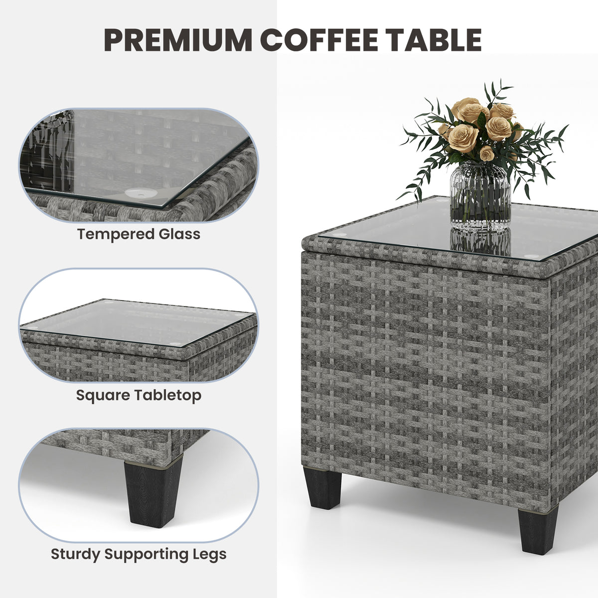 3-Piece Rattan Rocker Chair Set with Tempered Glass Table - Gray