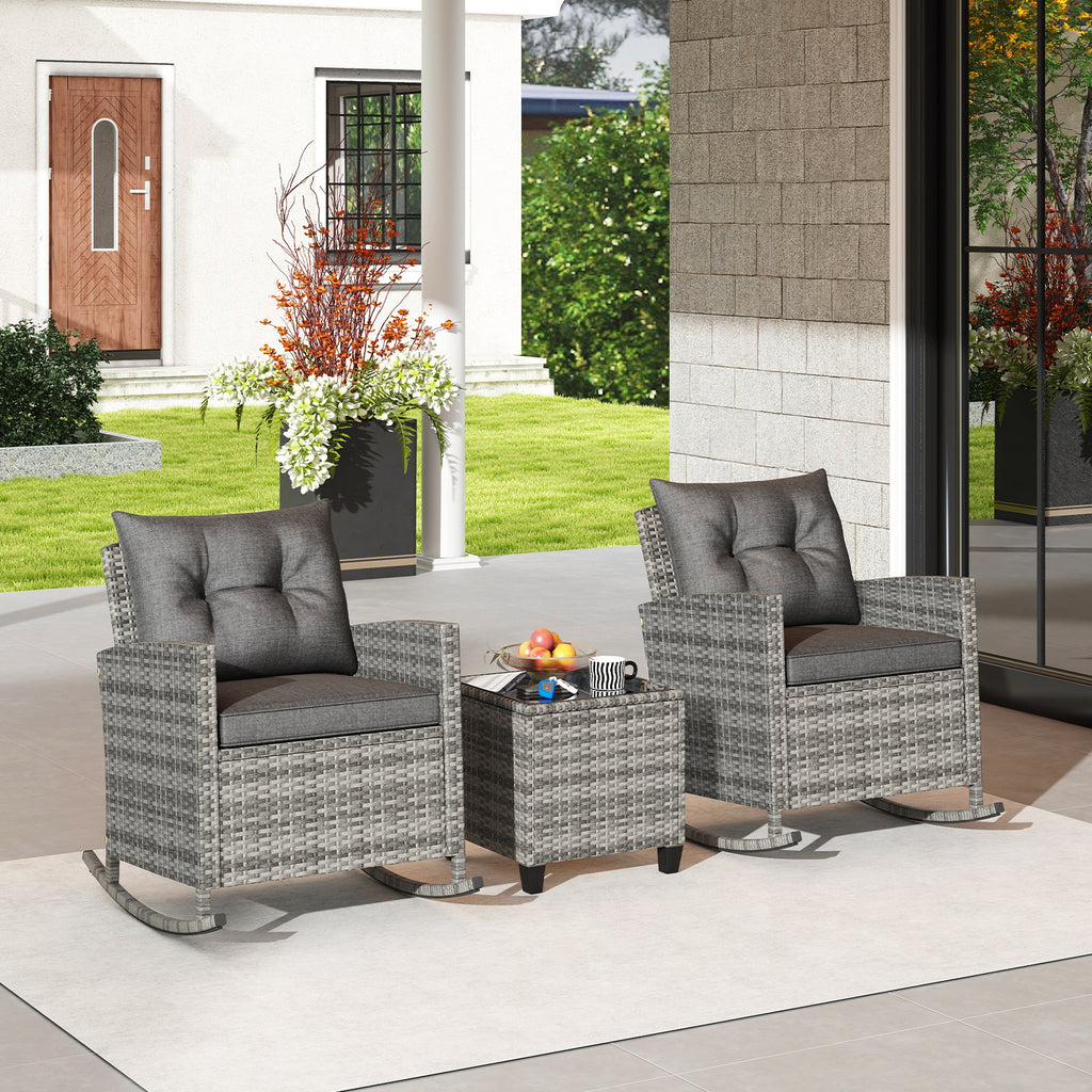 3-Piece Rattan Rocker Chair Set with Tempered Glass Table - Gray