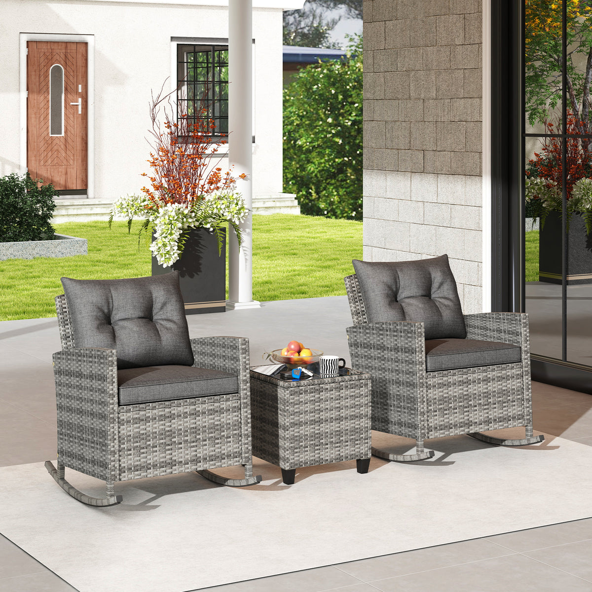 3-Piece Rattan Rocker Chair Set with Tempered Glass Table - Gray