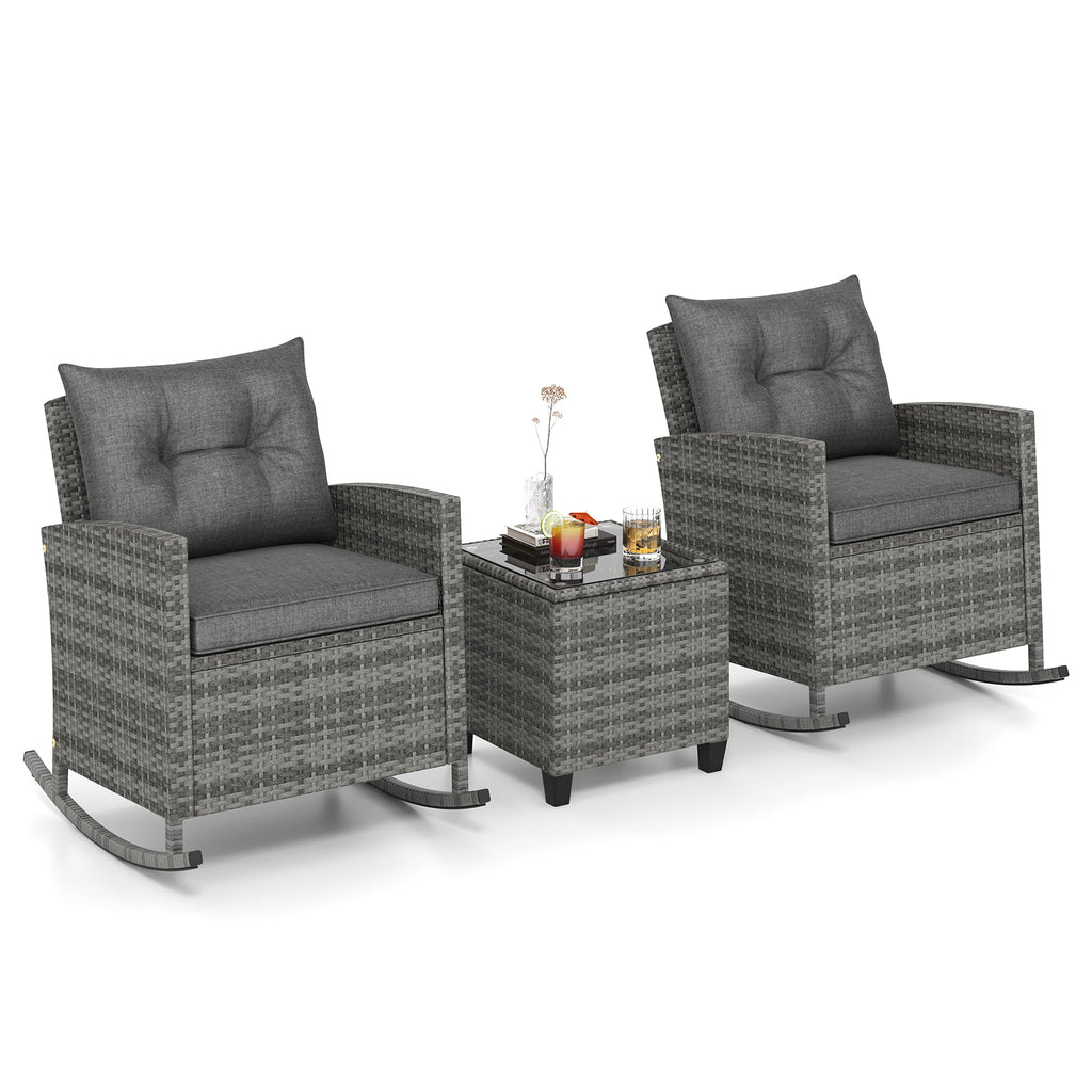 3-Piece Rattan Rocker Chair Set with Tempered Glass Table - Gray