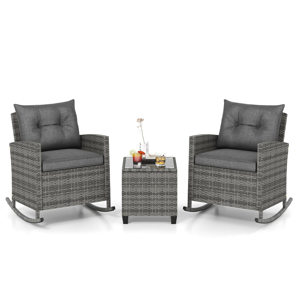 3-Piece Rattan Rocker Chair Set with Tempered Glass Table - Gray