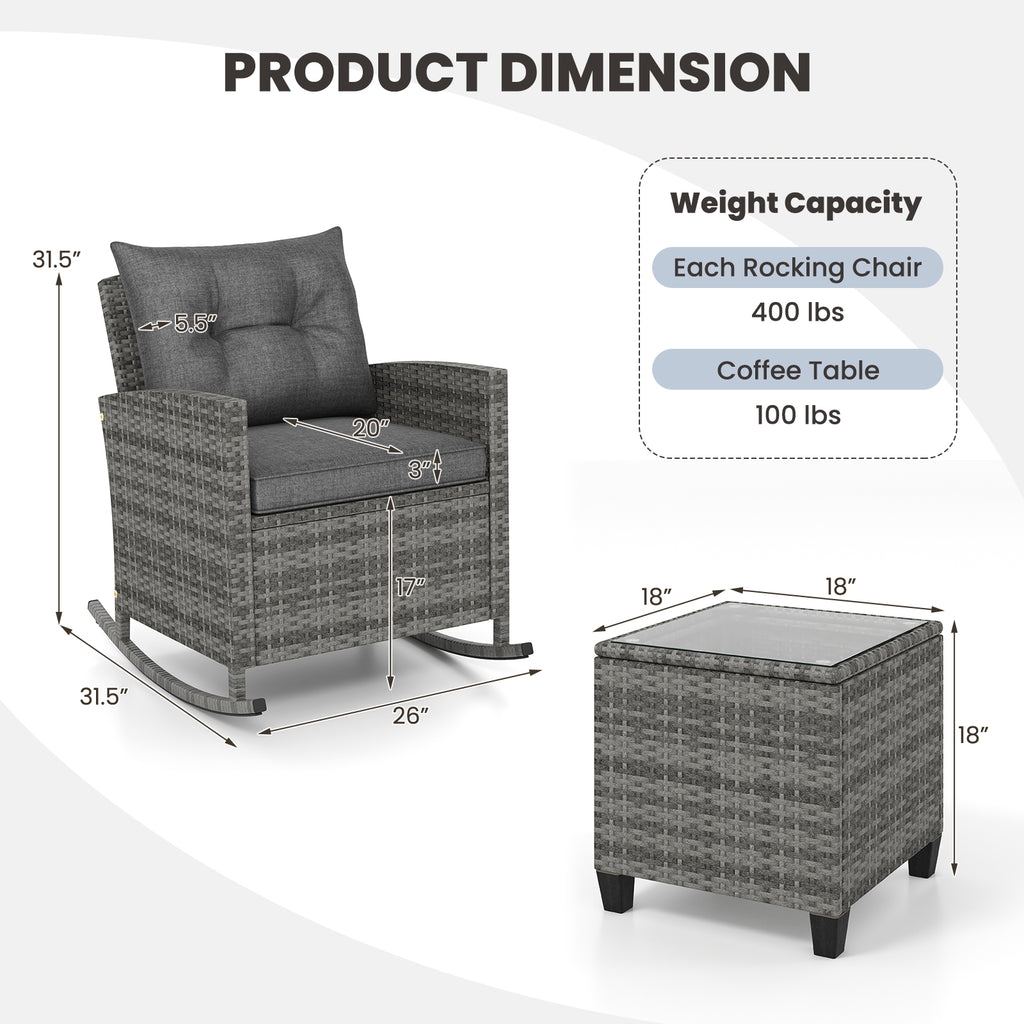 3-Piece Rattan Rocker Chair Set with Tempered Glass Table - Gray