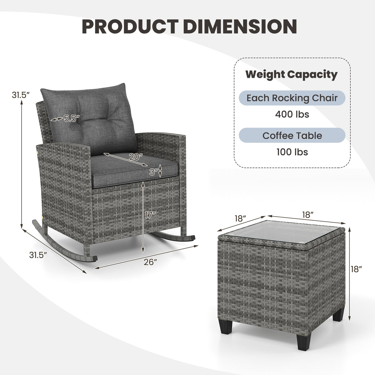 3-Piece Rattan Rocker Chair Set with Tempered Glass Table - Gray