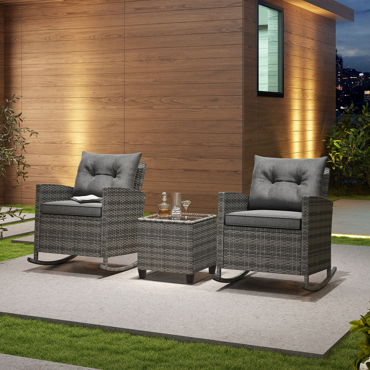3-Piece Rattan Rocker Chair Set with Tempered Glass Table - Gray