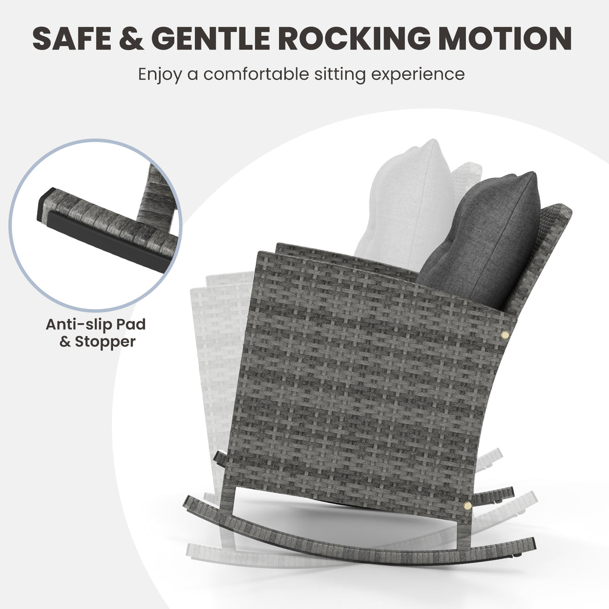 3-Piece Rattan Rocker Chair Set with Tempered Glass Table - Gray