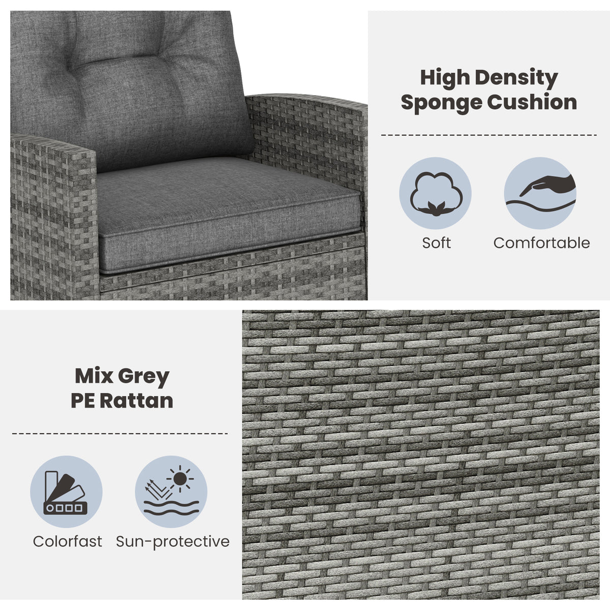 3-Piece Rattan Rocker Chair Set with Tempered Glass Table - Gray