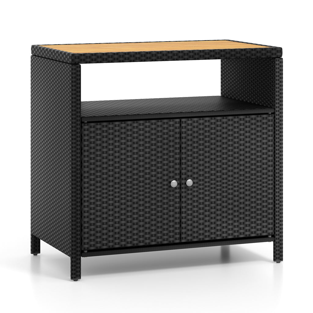Rattan Storage Cabinet with Acacia Wood Countertop - Gray