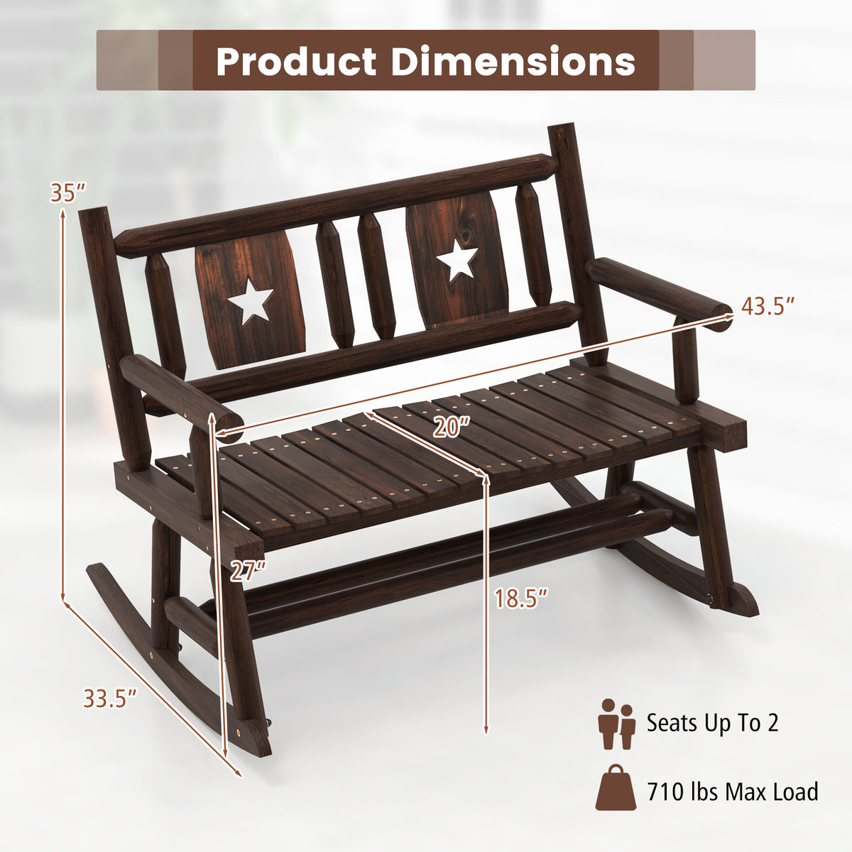 Patio Rocking Bench Double Rocker Chair with Ergonomic Seat 2-Person