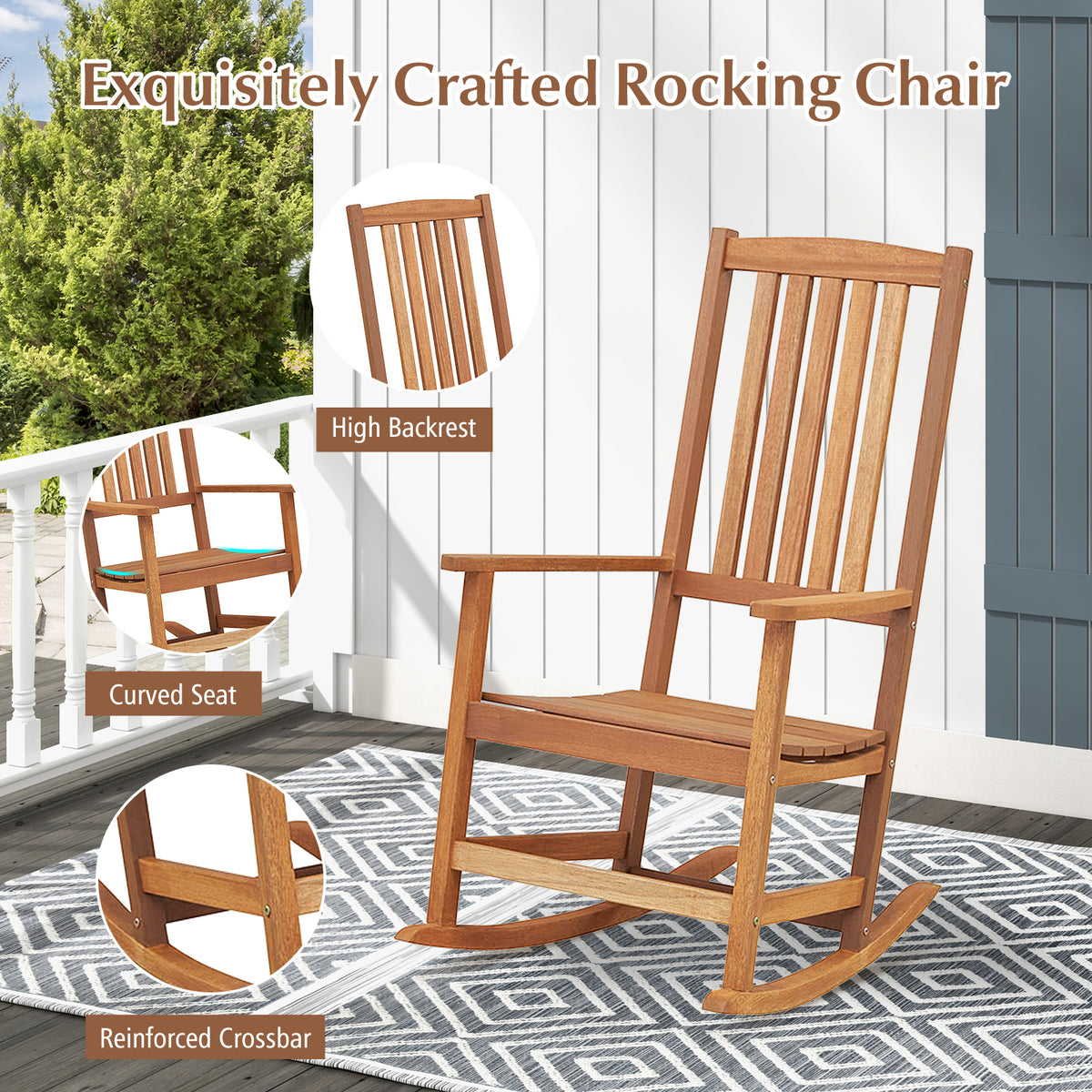Patio Rocking Chair Ergonomic High-Back Outdoor Rocker with Smooth