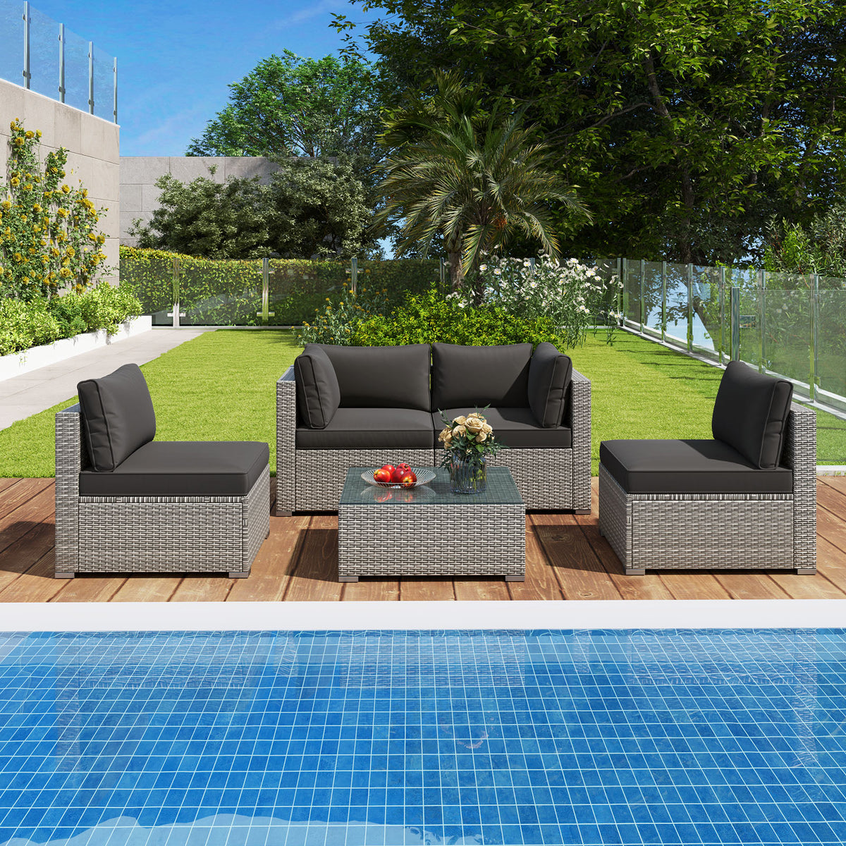 5-Piece Outdoor Patio Sectional Sofa Couch and Glass Coffee Table
