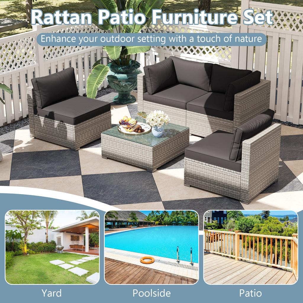 5-Piece Outdoor Patio Sectional Sofa Couch and Glass Coffee Table
