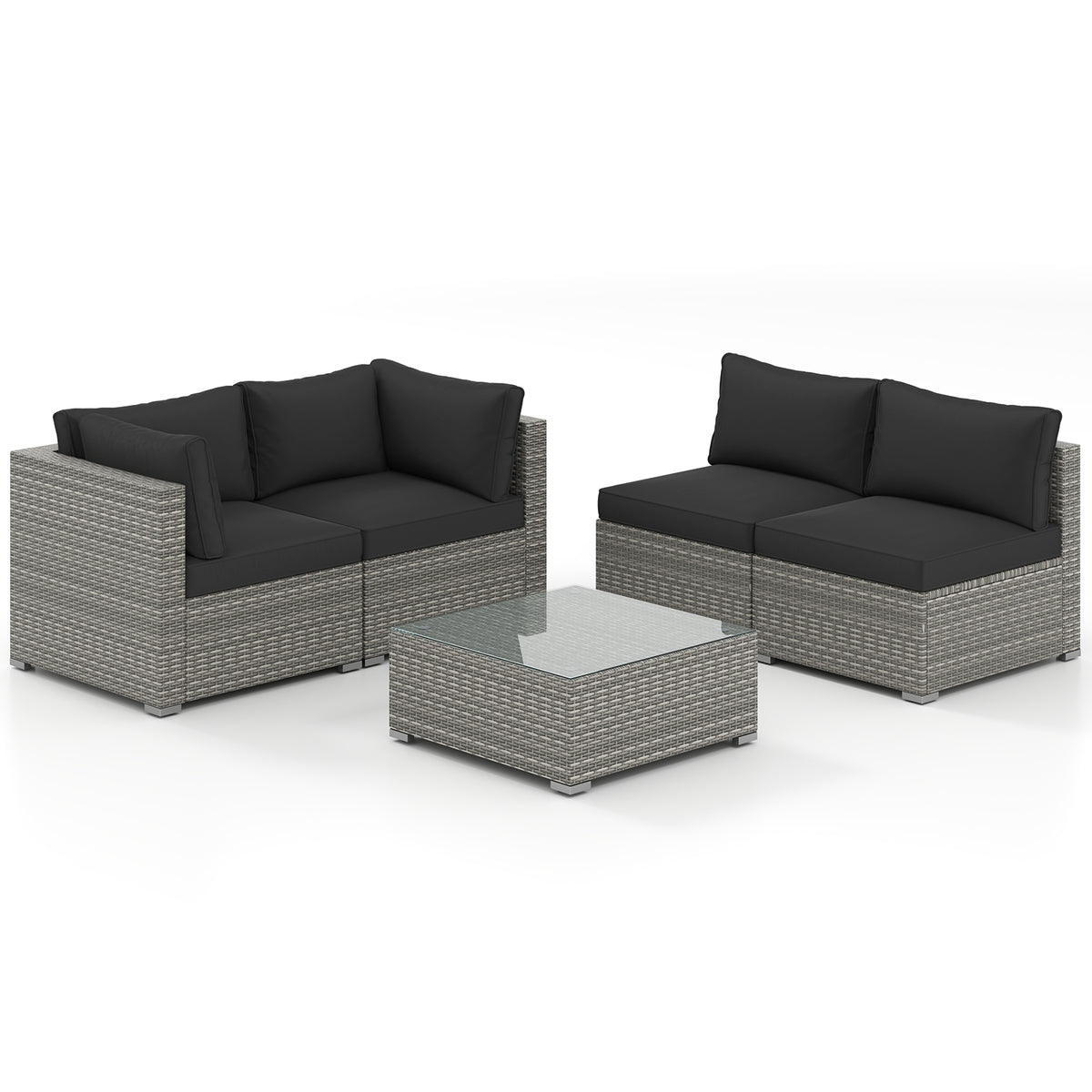5-Piece Outdoor Patio Sectional Sofa Couch and Glass Coffee Table