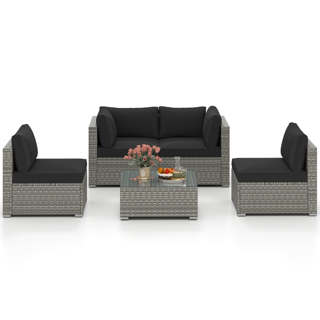 5-Piece Outdoor Patio Sectional Sofa Couch and Glass Coffee Table