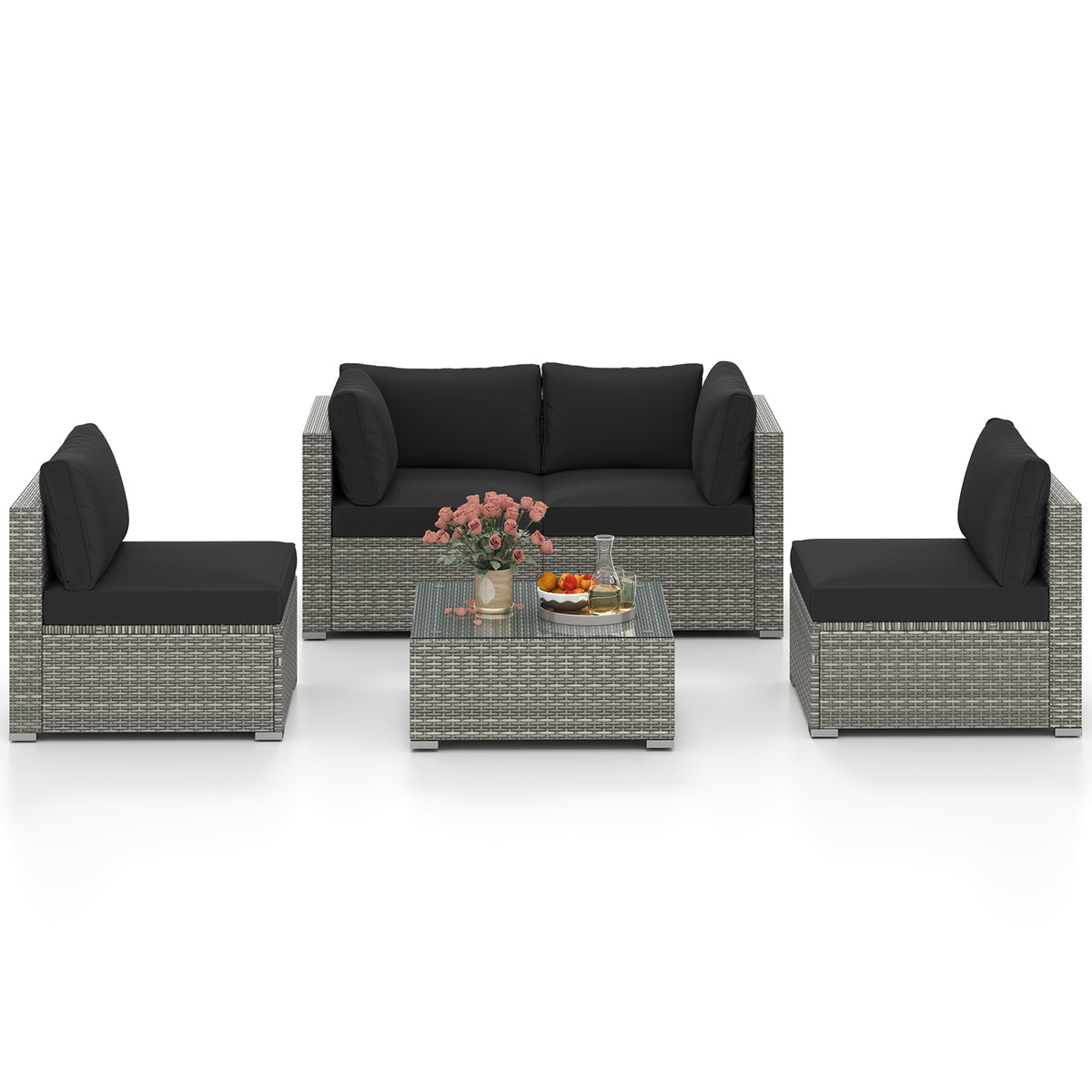 5-Piece Outdoor Patio Sectional Sofa Couch and Glass Coffee Table
