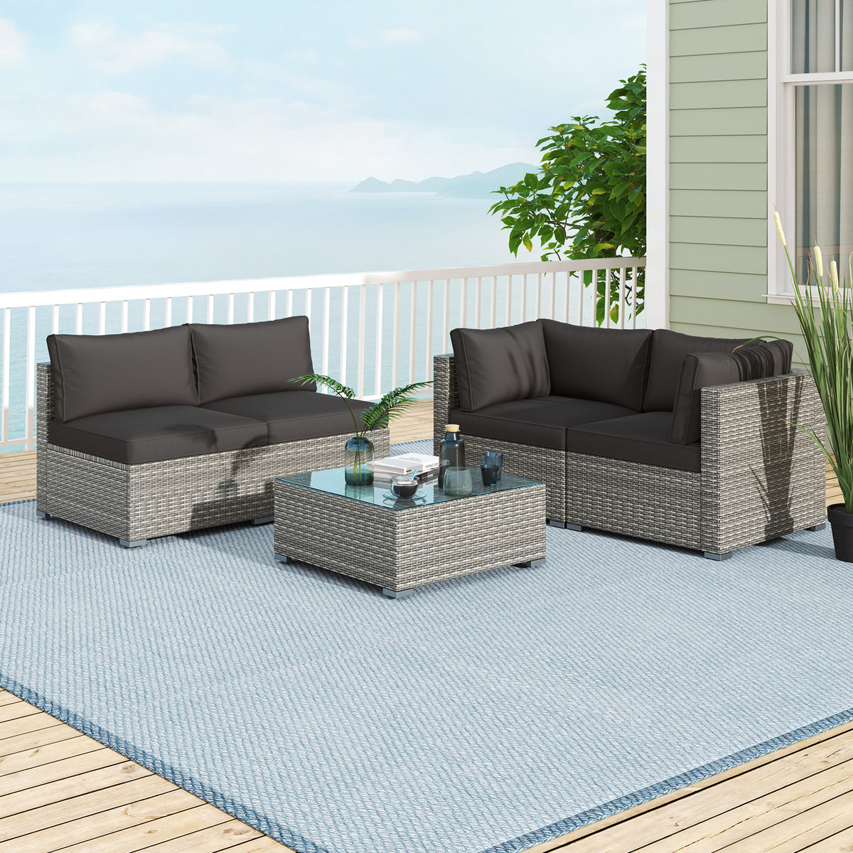 5-Piece Outdoor Patio Sectional Sofa Couch and Glass Coffee Table