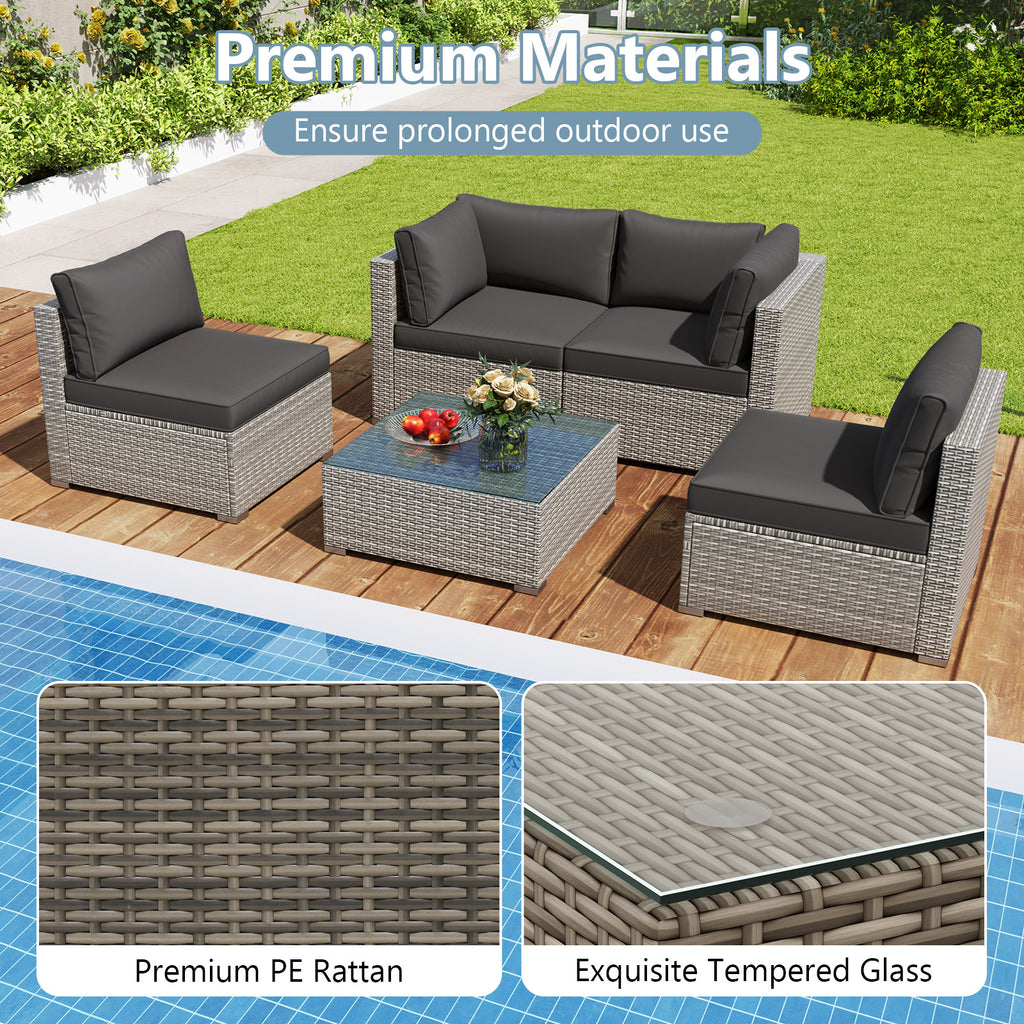 5-Piece Outdoor Patio Sectional Sofa Couch and Glass Coffee Table