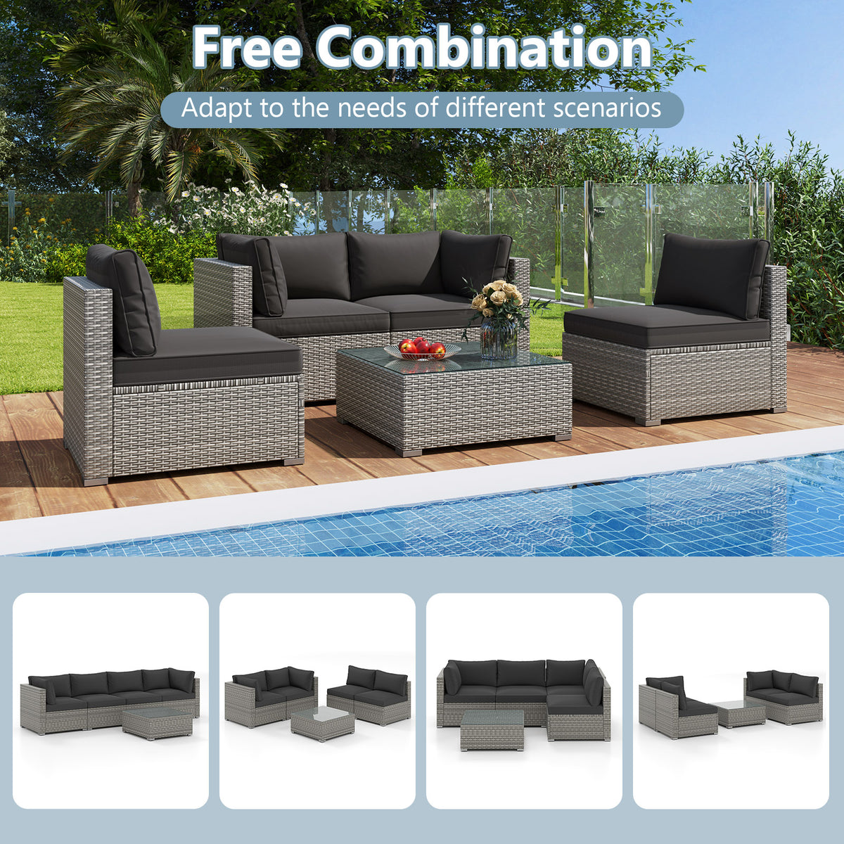 5-Piece Outdoor Patio Sectional Sofa Couch and Glass Coffee Table