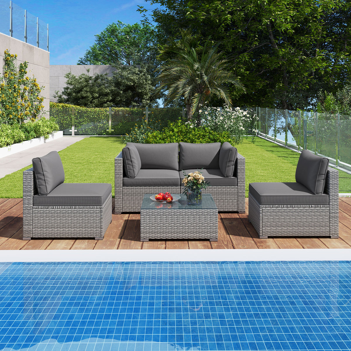 5-Piece Outdoor Patio Sectional Sofa Couch and Glass Coffee Table