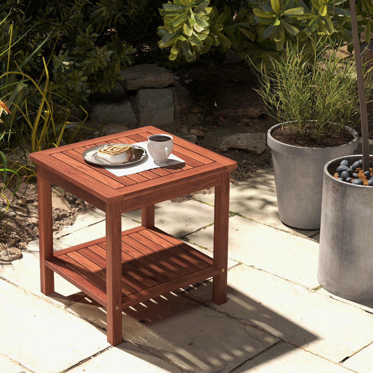 Set of 2 Double-Tier Acacia Wood Patio Side Table with Slatted