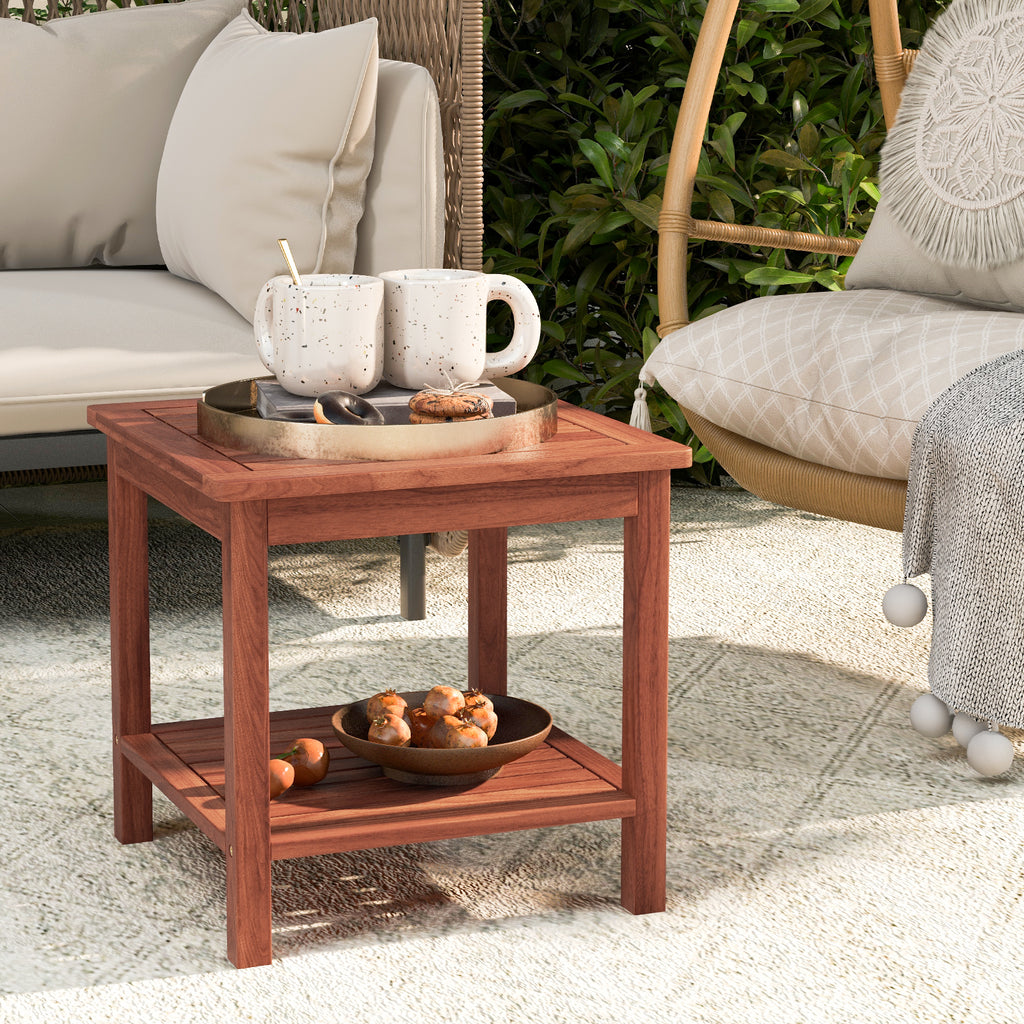 Set of 2 Double-Tier Acacia Wood Patio Side Table with Slatted