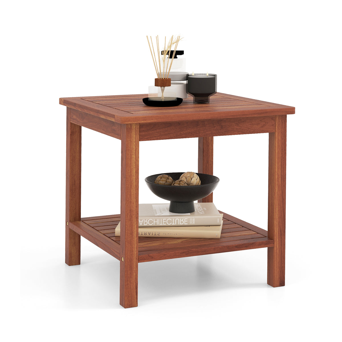 Set of 2 Double-Tier Acacia Wood Patio Side Table with Slatted