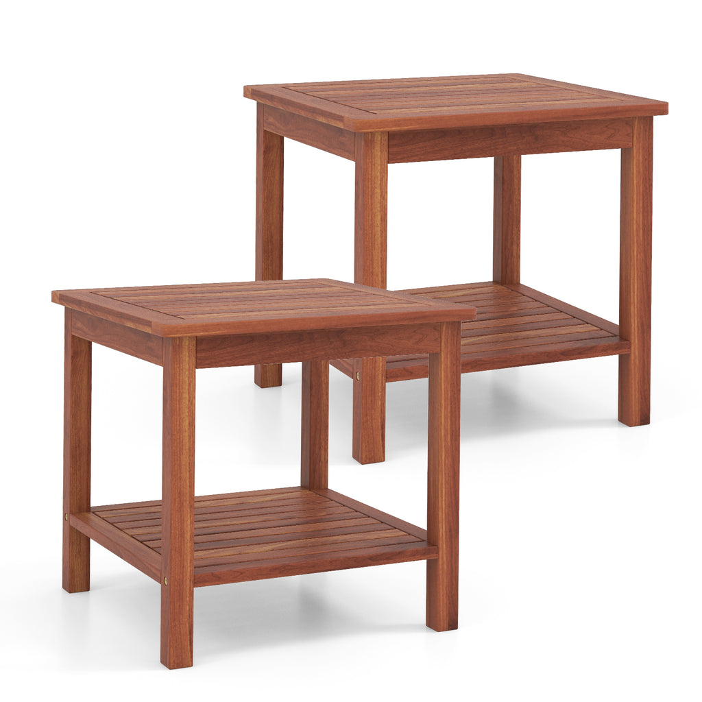 Set of 2 Double-Tier Acacia Wood Patio Side Table with Slatted