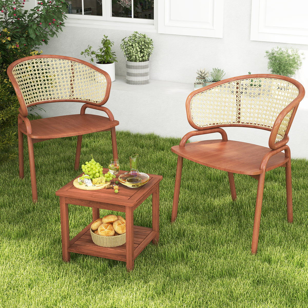 Set of 2 Double-Tier Acacia Wood Patio Side Table with Slatted
